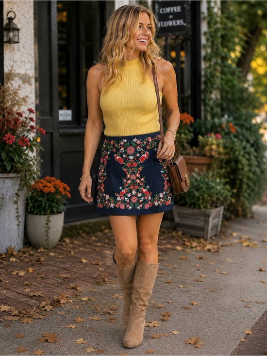 Umgee Dresses & Skirts - Umgee Skirt Navy Blue Embroidered Floral Bird Mini Boho